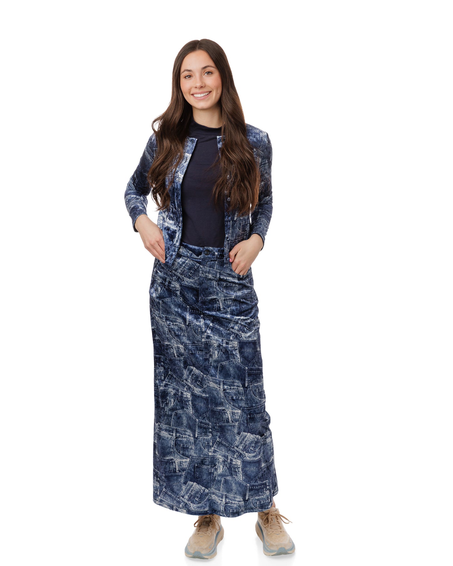 Blue Denim Patched Velvet Skirt