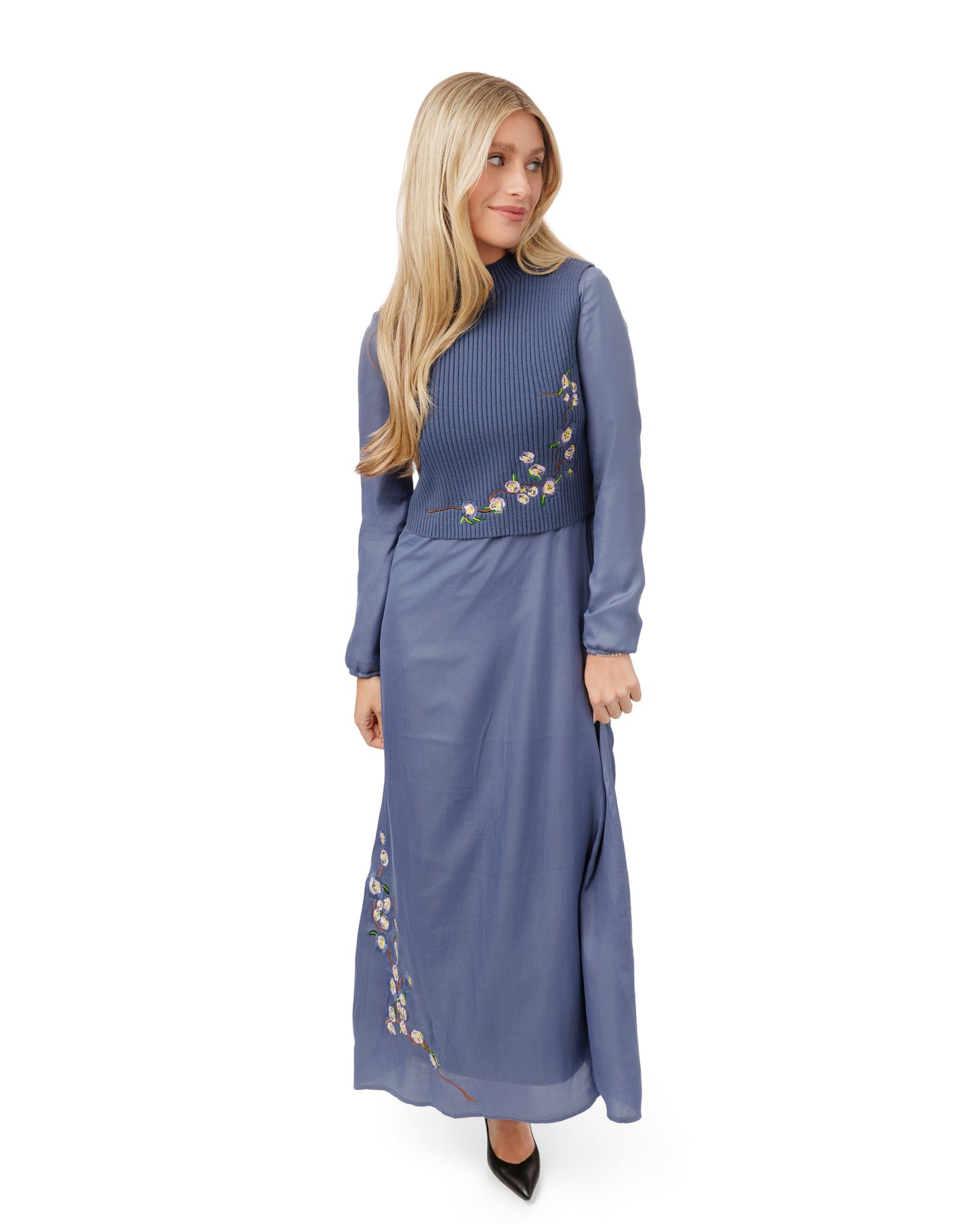 Blue Embroidered Dress With Knit Vest Overlay