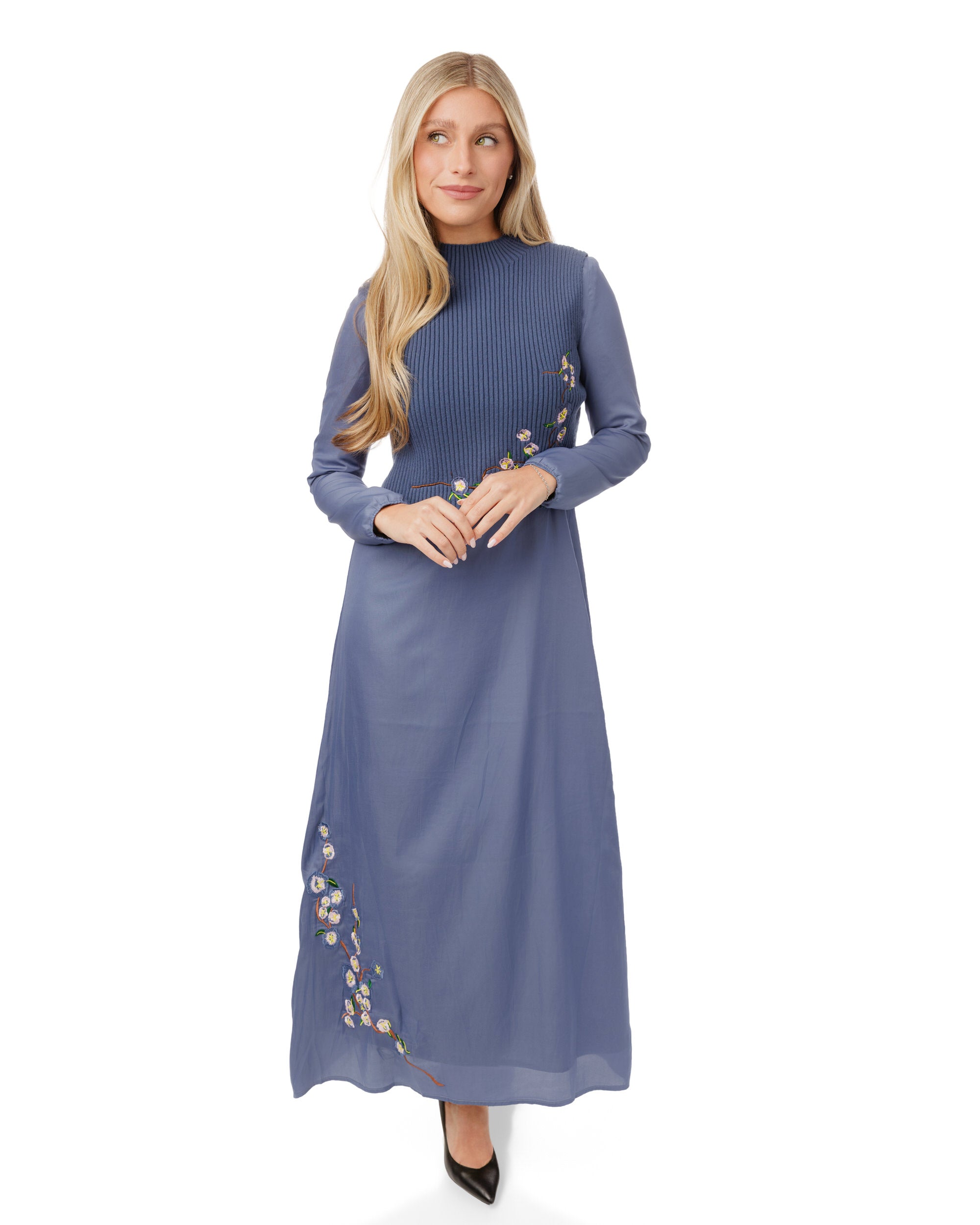 Blue Embroidered Dress With Knit Vest Overlay