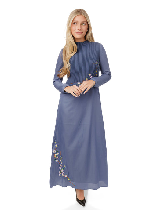 Blue Embroidered Dress With Knit Vest Overlay