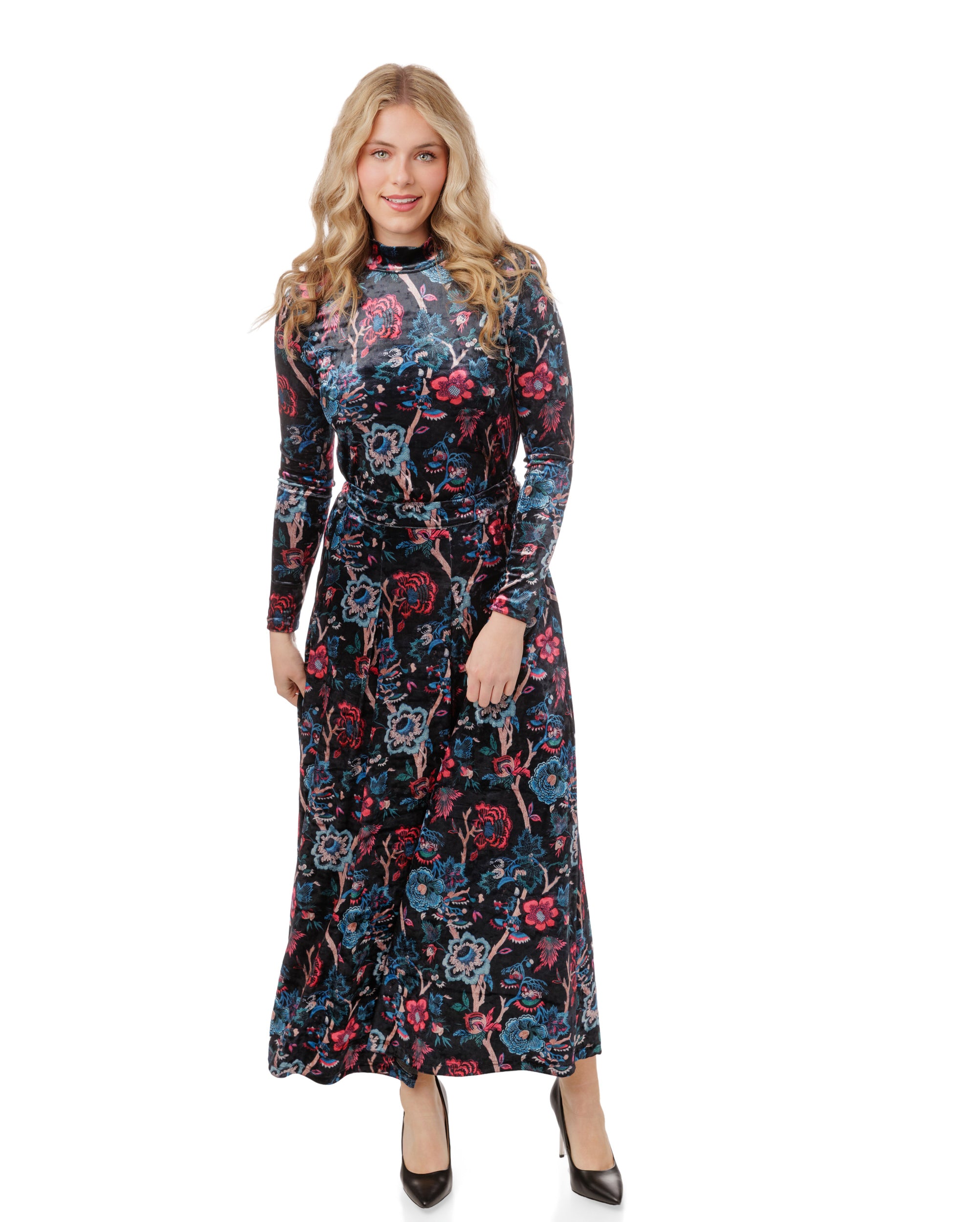 Multi Colored Printed Velvet Mock Neck