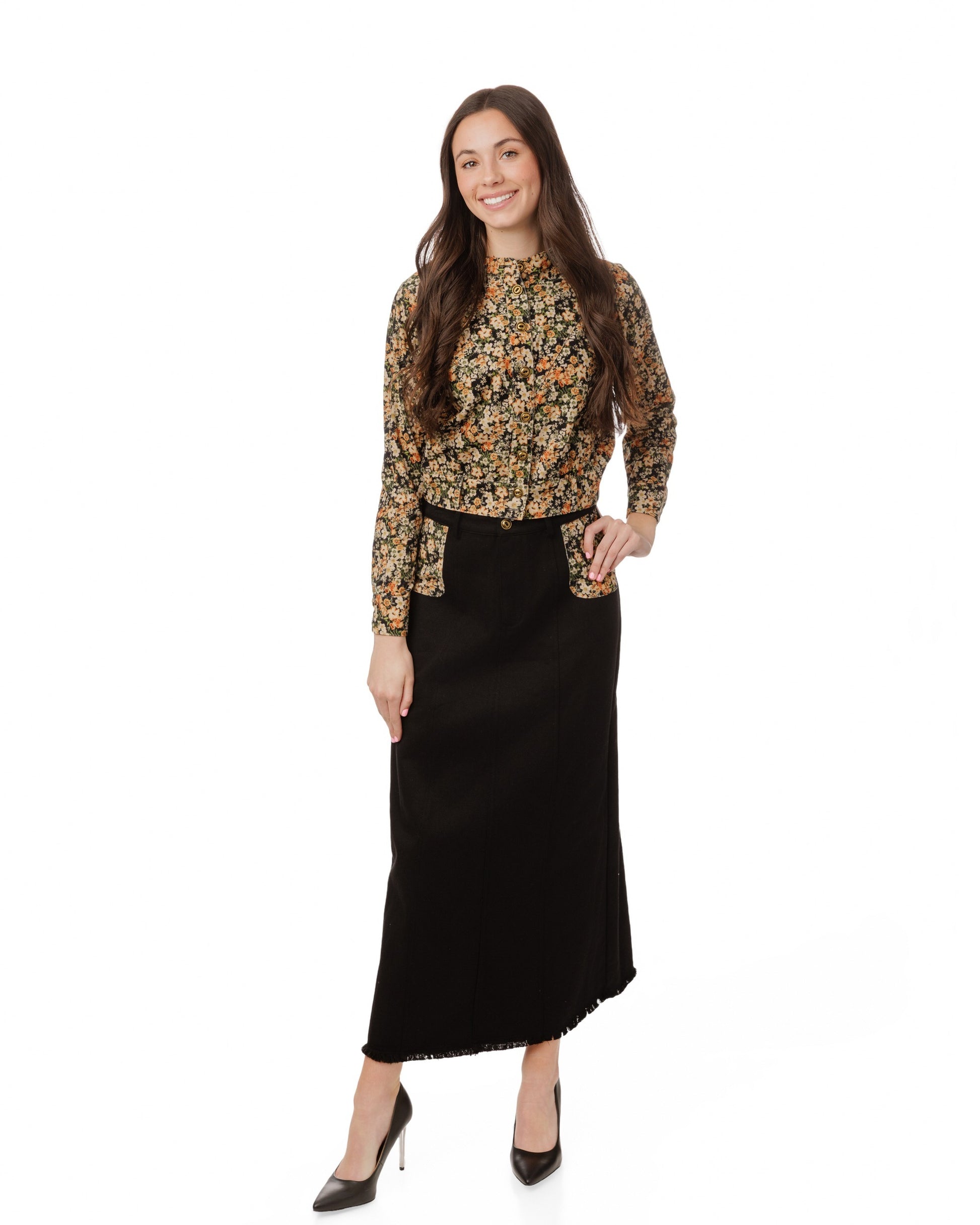 Black Denim Printed Pocket Skirt