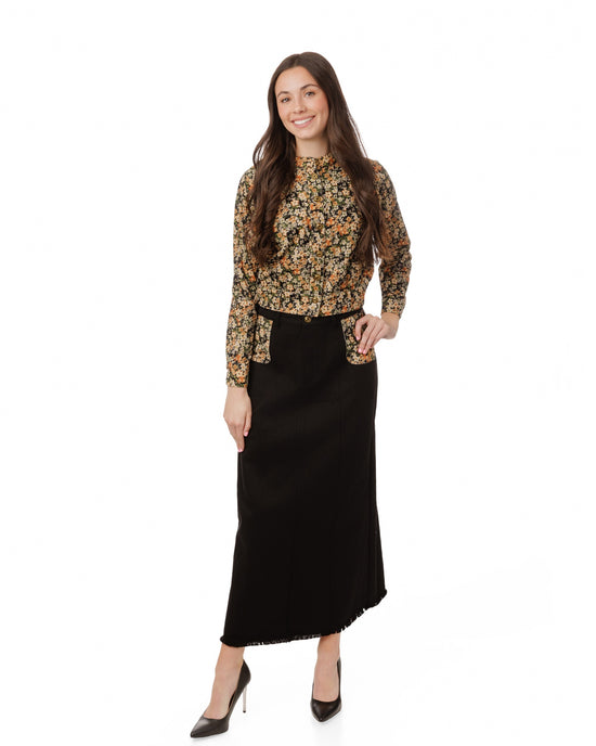 Black Denim Printed Pocket Skirt