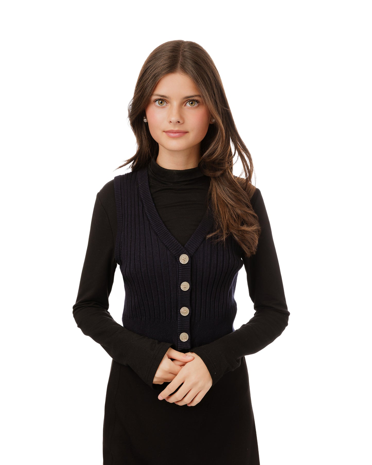 Ribbed Vest Wooden Buttons - Navy