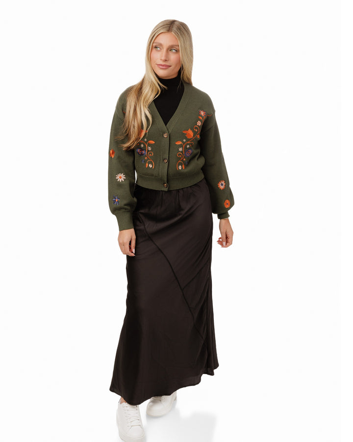 Cardigan With Cognac Embroidery - Green