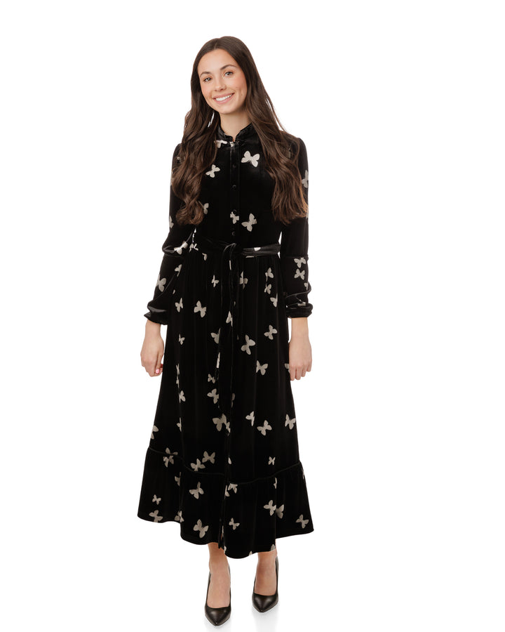 Black Butterfly Printed Velvet Dress