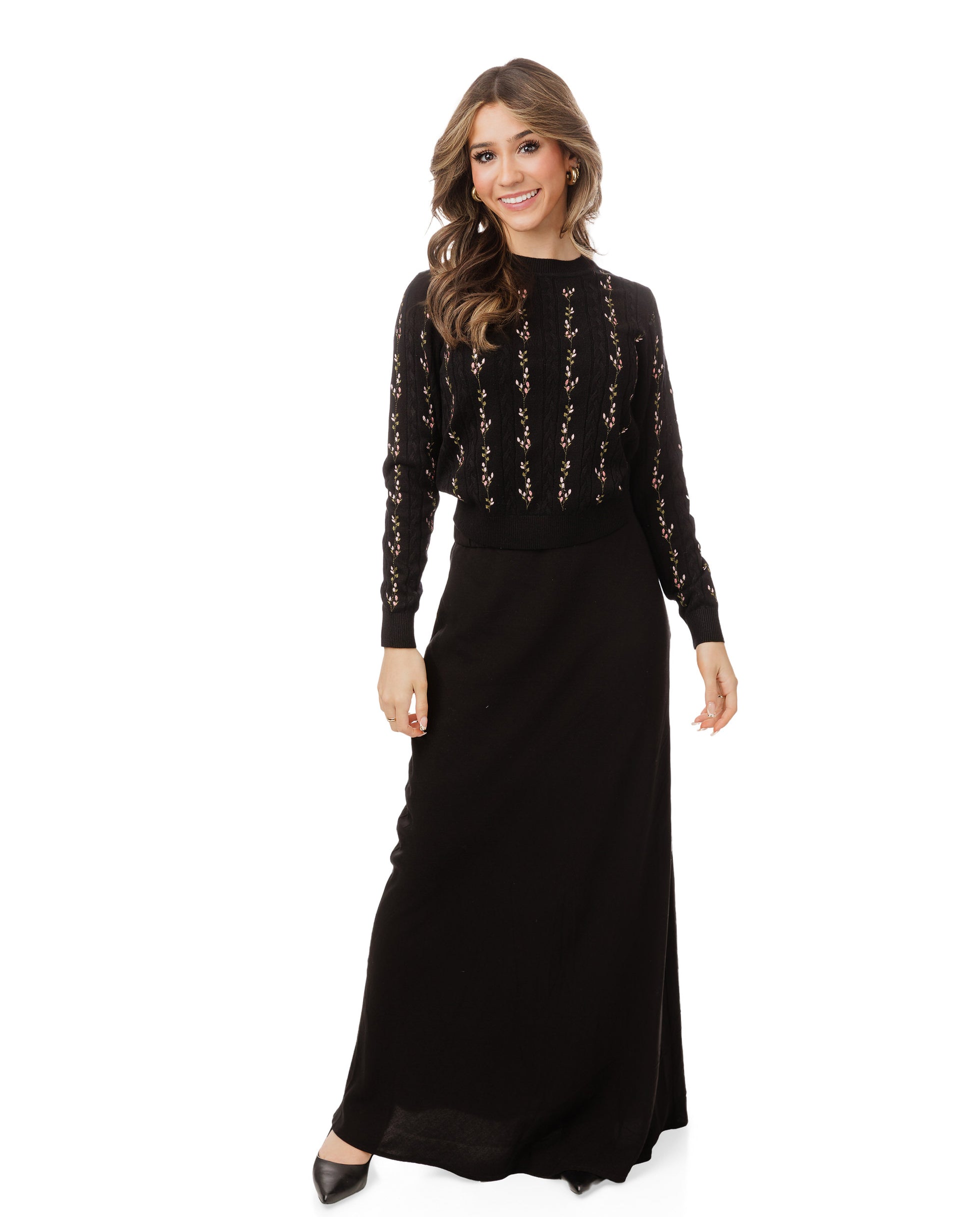 Floral Panelled Embroidered Knit Top - Black