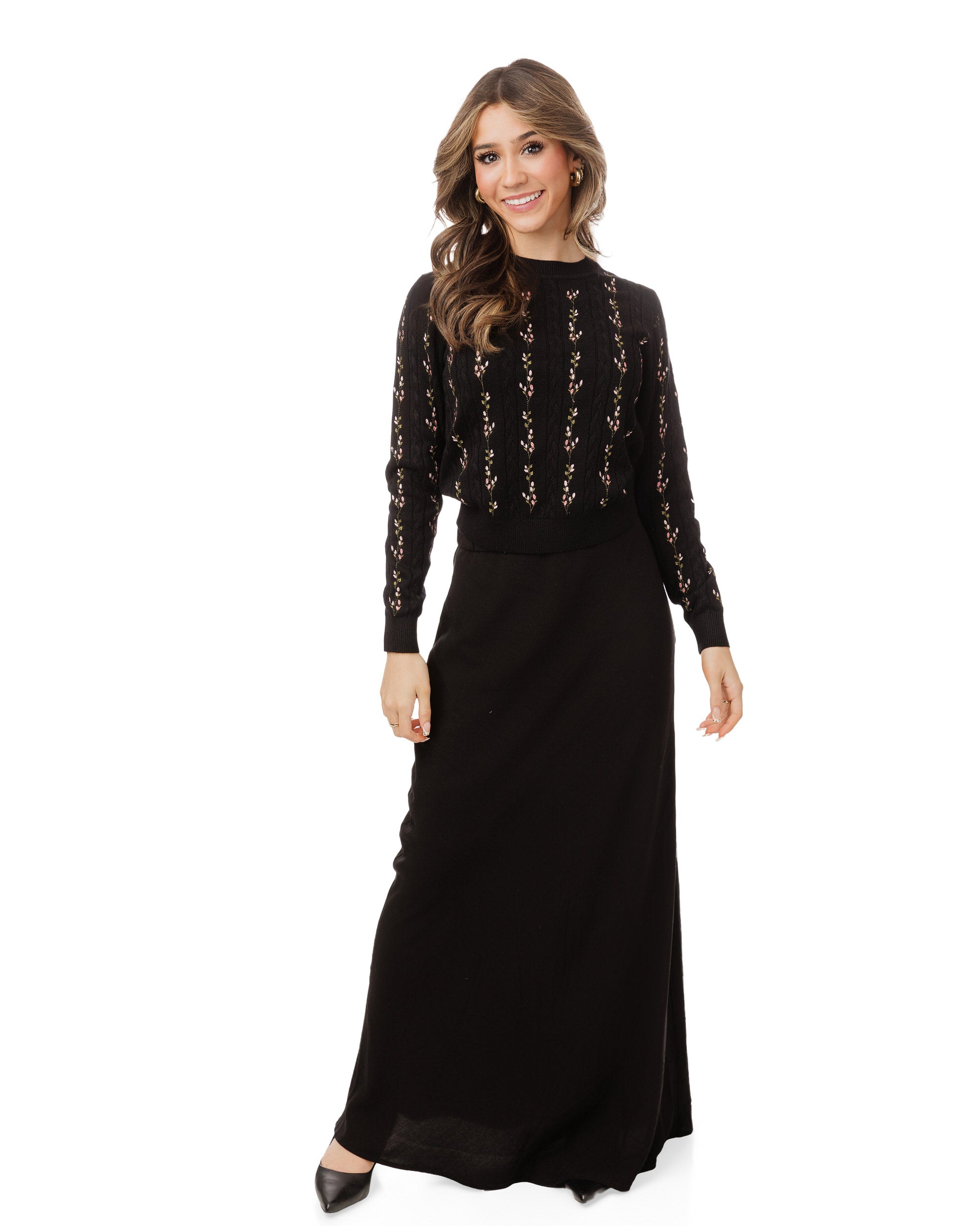 Floral Panelled Embroidered Knit Top - Black