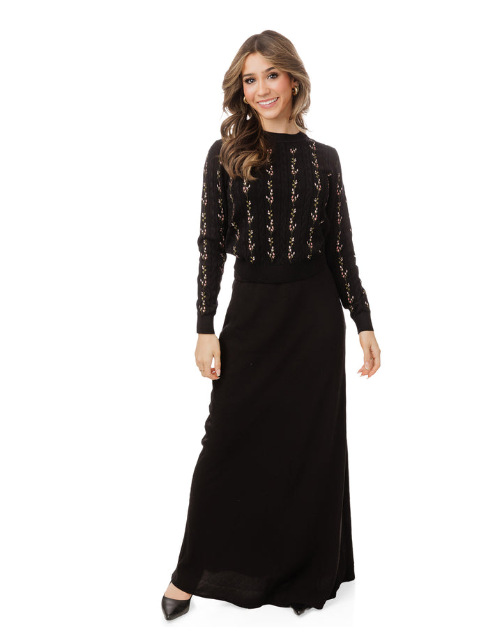 Floral Panelled Embroidered Knit Top - Black