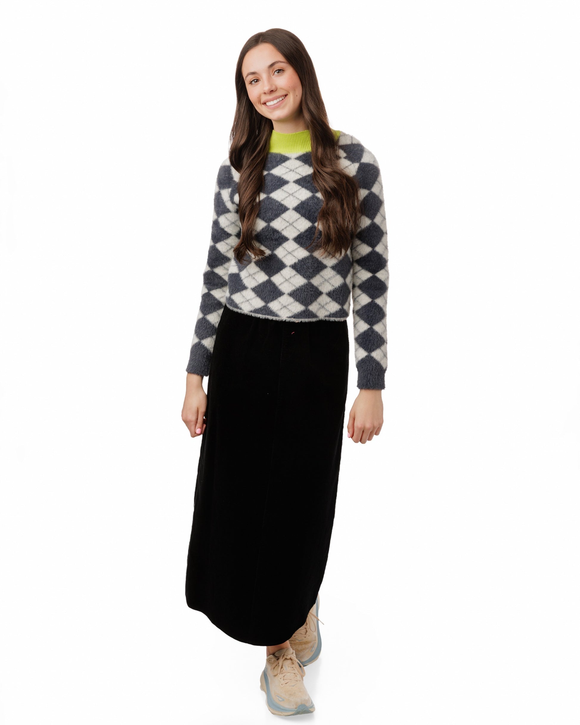 Neon Collared Grey And White Argyle Printed Fuzzy Knit Top