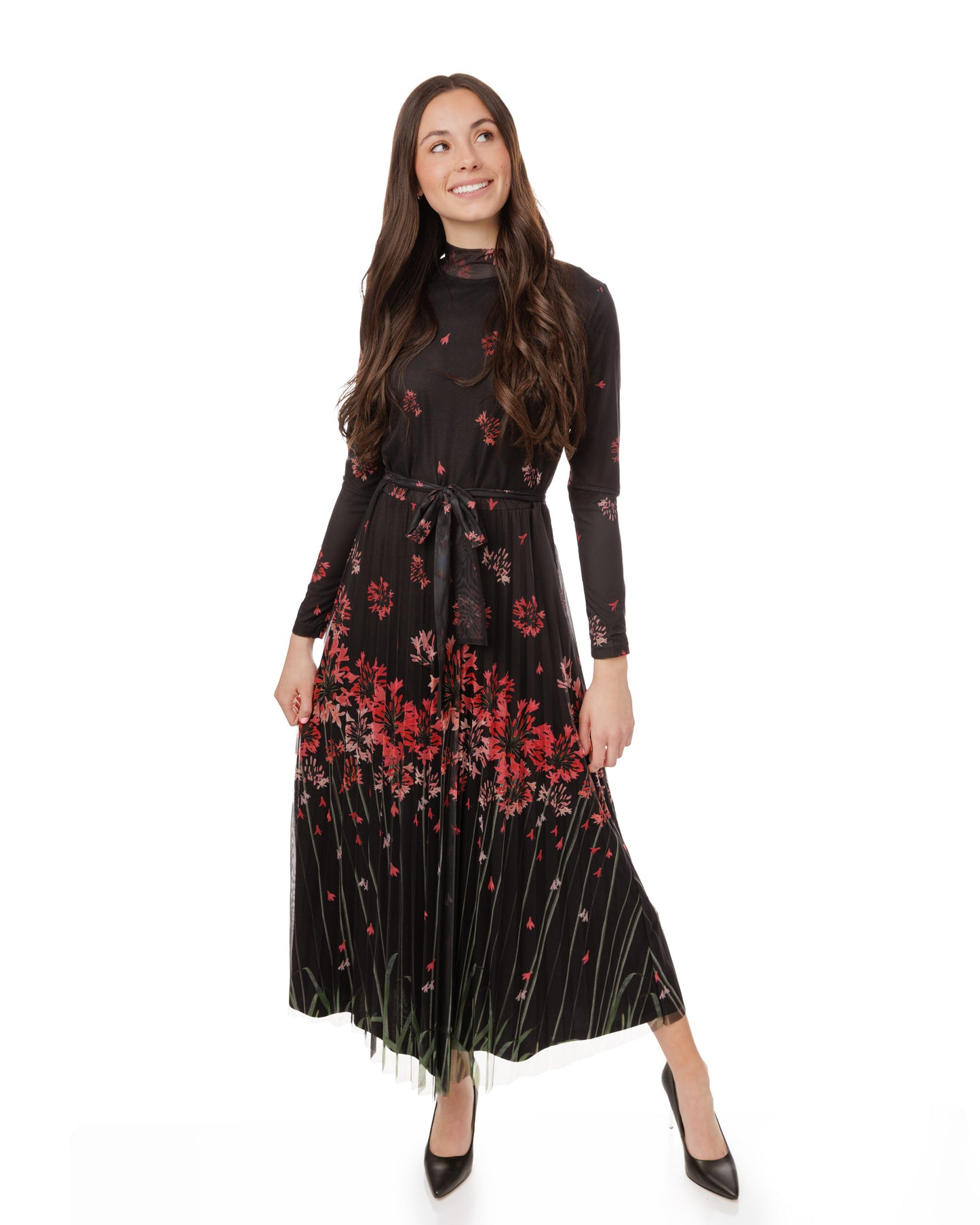 Floral Printed Mesh Pleated Dress