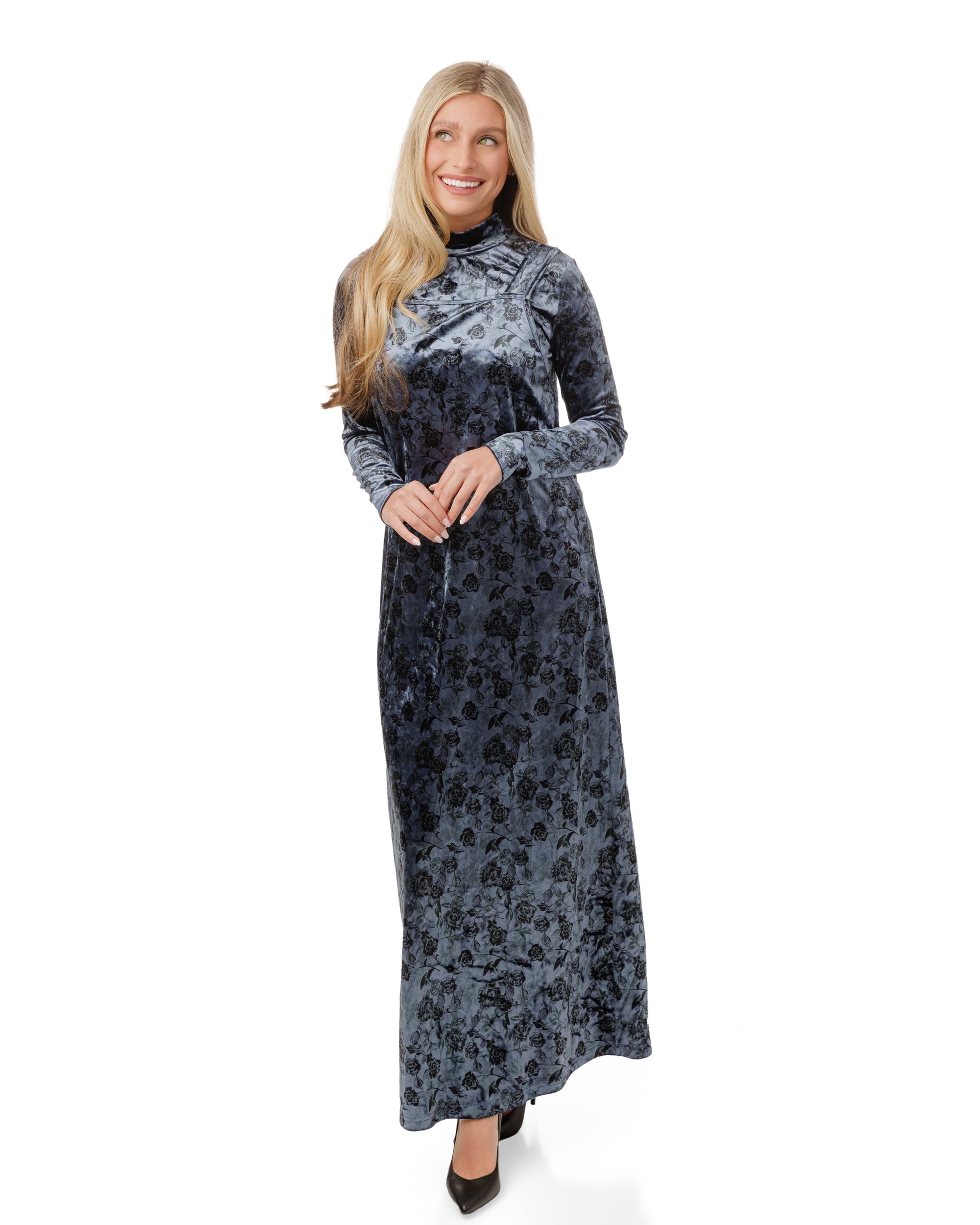 Velvet Blue Jumper With Velvet Mock Neck Underlay
