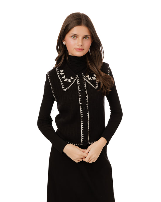 Black And Cream Embroidered Vest