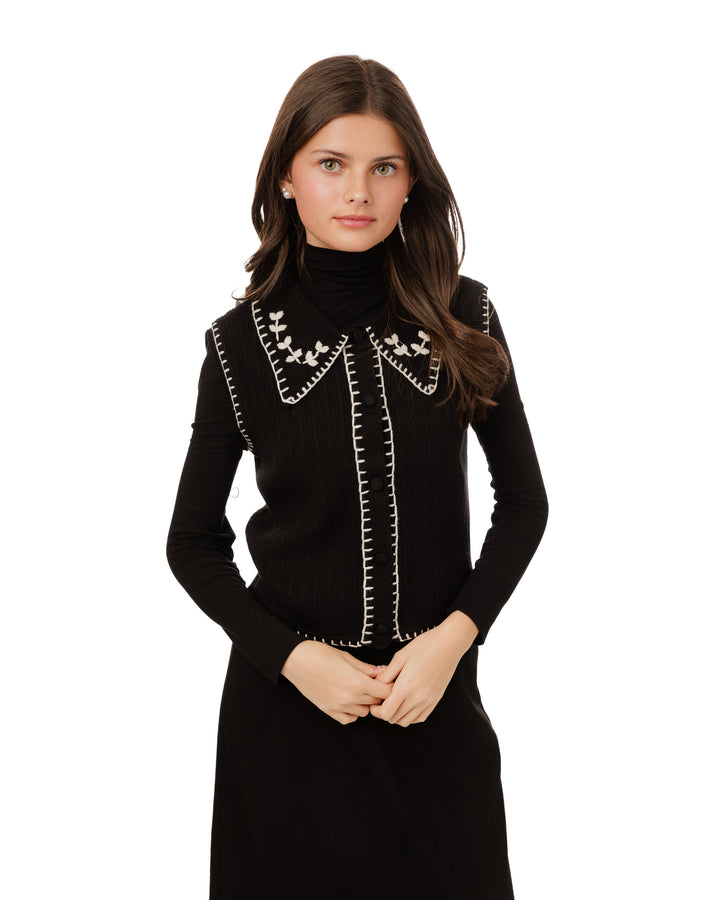 Black And Cream Embroidered Vest