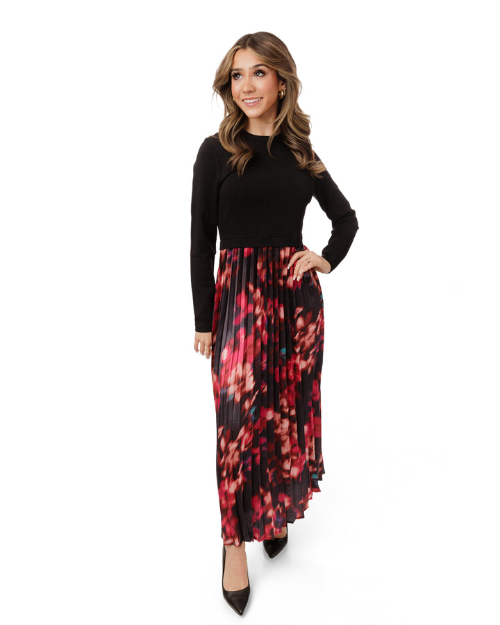 Black And Pink Abstract Dress With Black Attached Knit