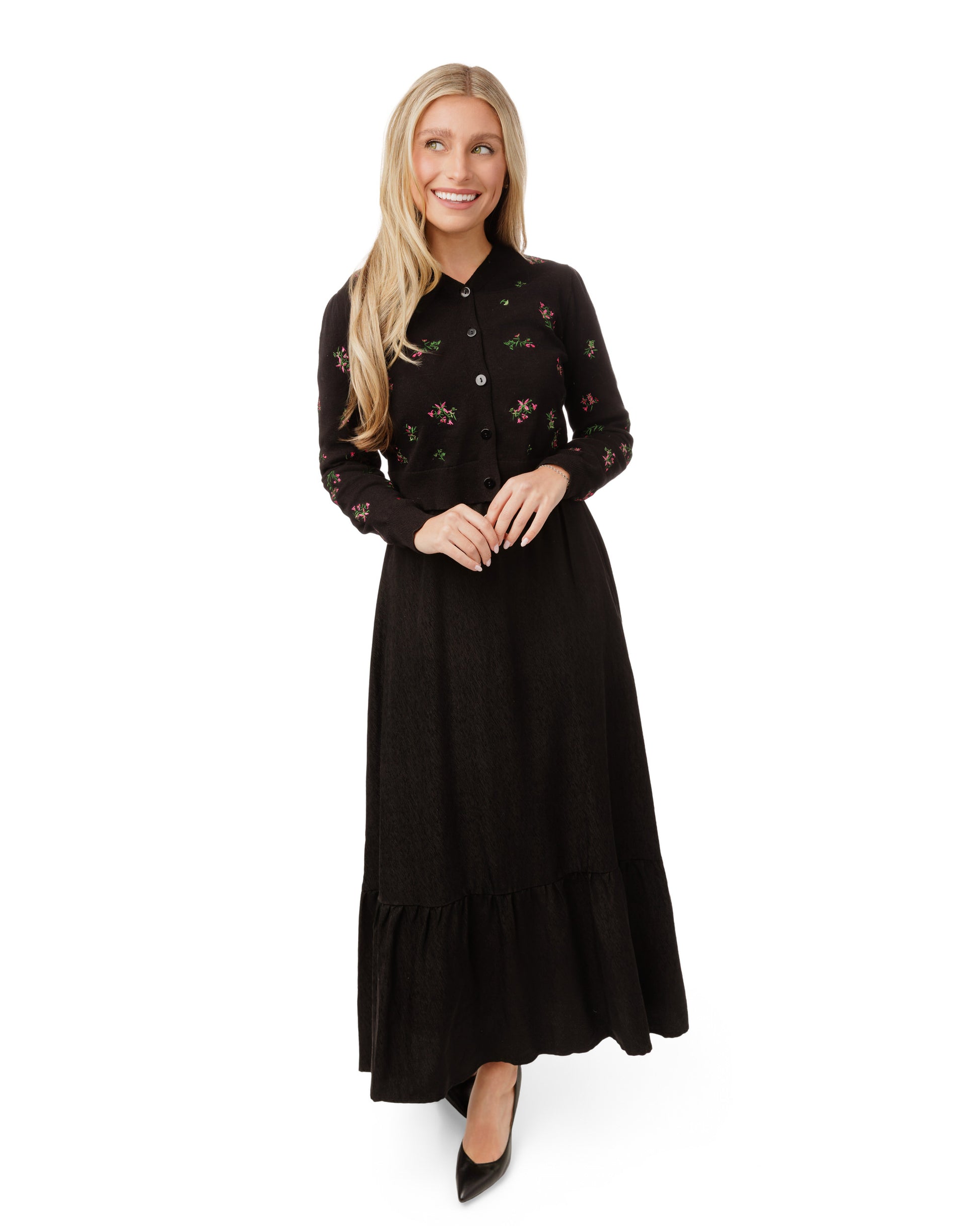 Pink Flower Embroidered Black Cardigan With Textured Satin Underlay