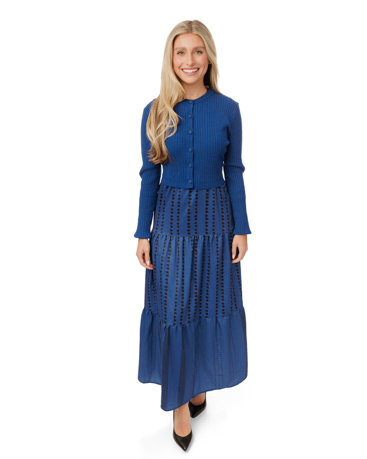 Blue And Black Printed Jumper With Blue Knit Cardigan