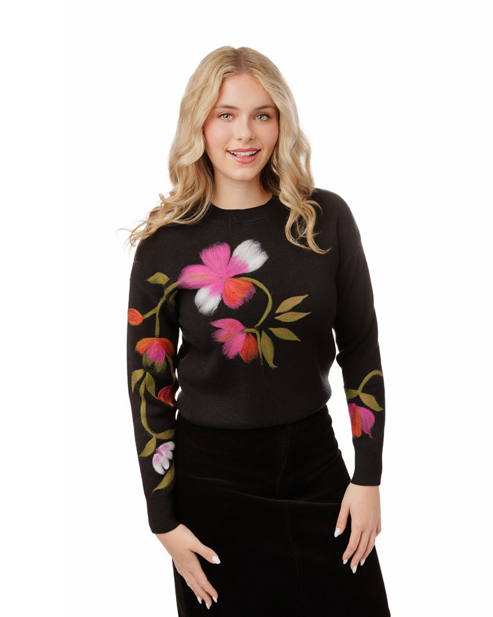 Black Knit Sweater With Pink Felt Flower