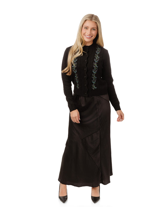 Black And Blue Embroidered Leaf Knit Cardigan