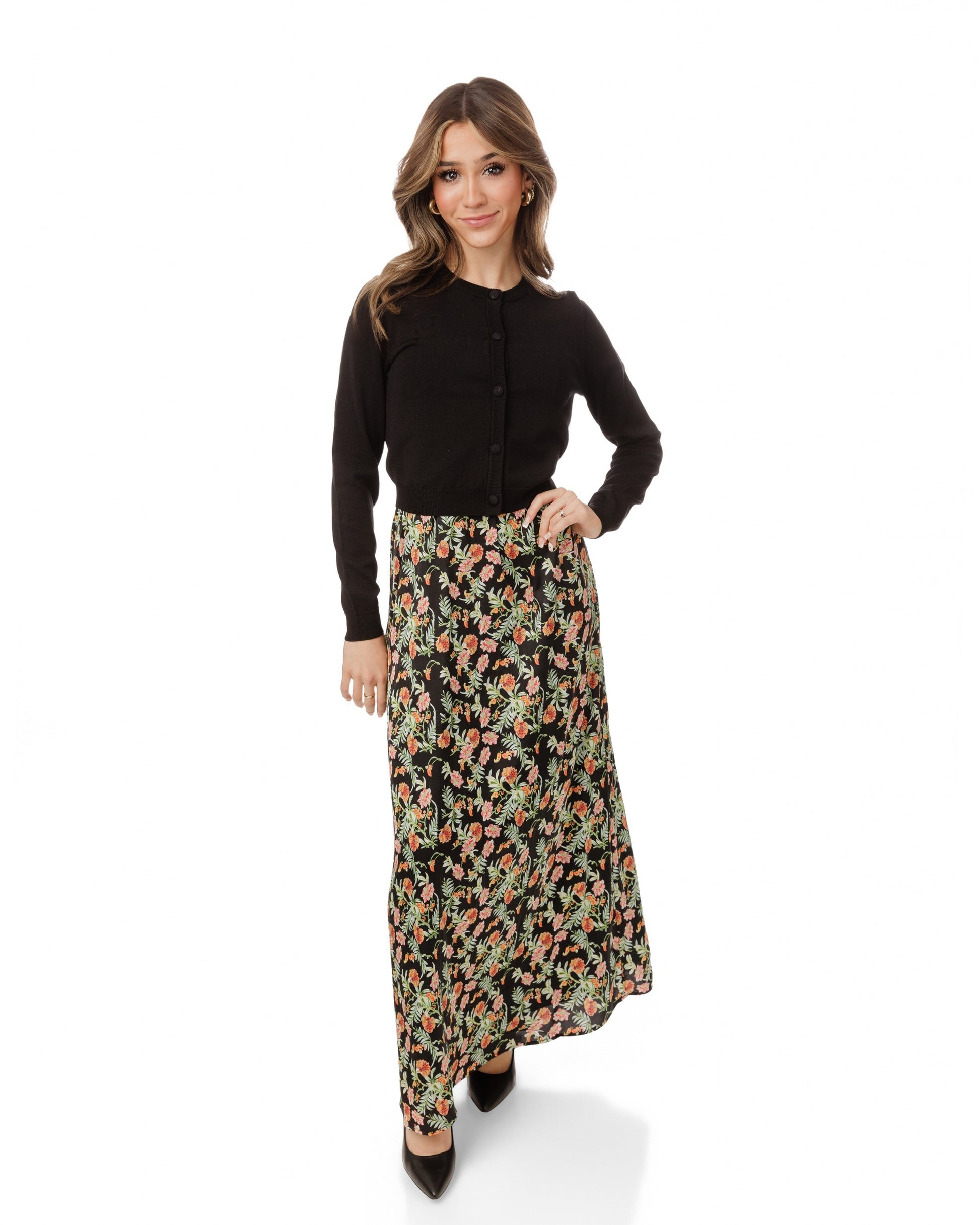 Multicolored Floral Printed Dress With Knit Cardigan Overlay