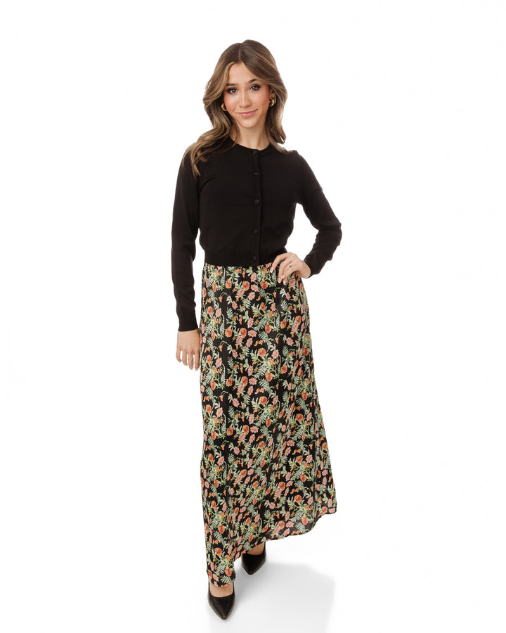 Multicolored Floral Printed Dress With Knit Cardigan Overlay