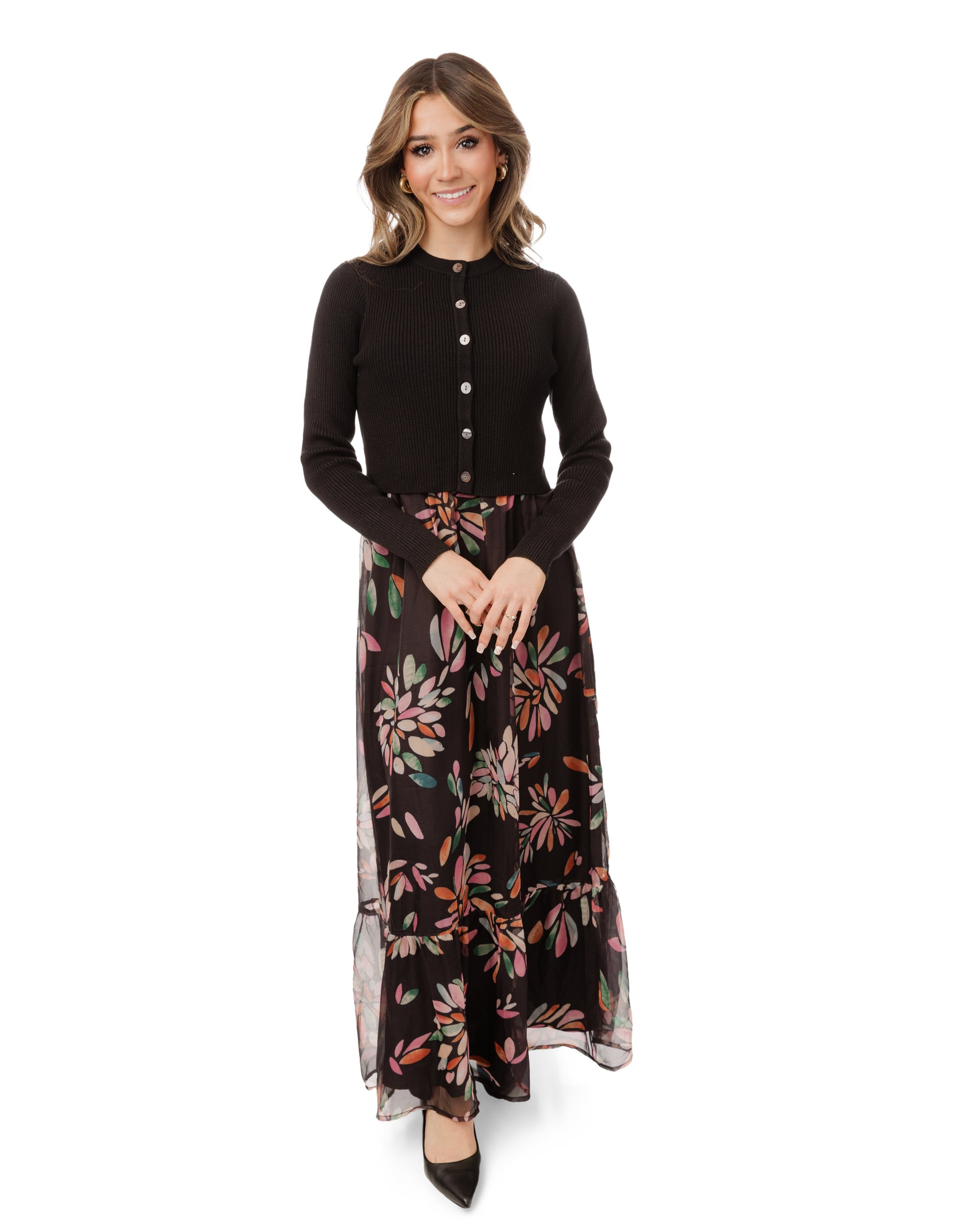Multicolored Printed Dress With Knit Cardigan Overlay