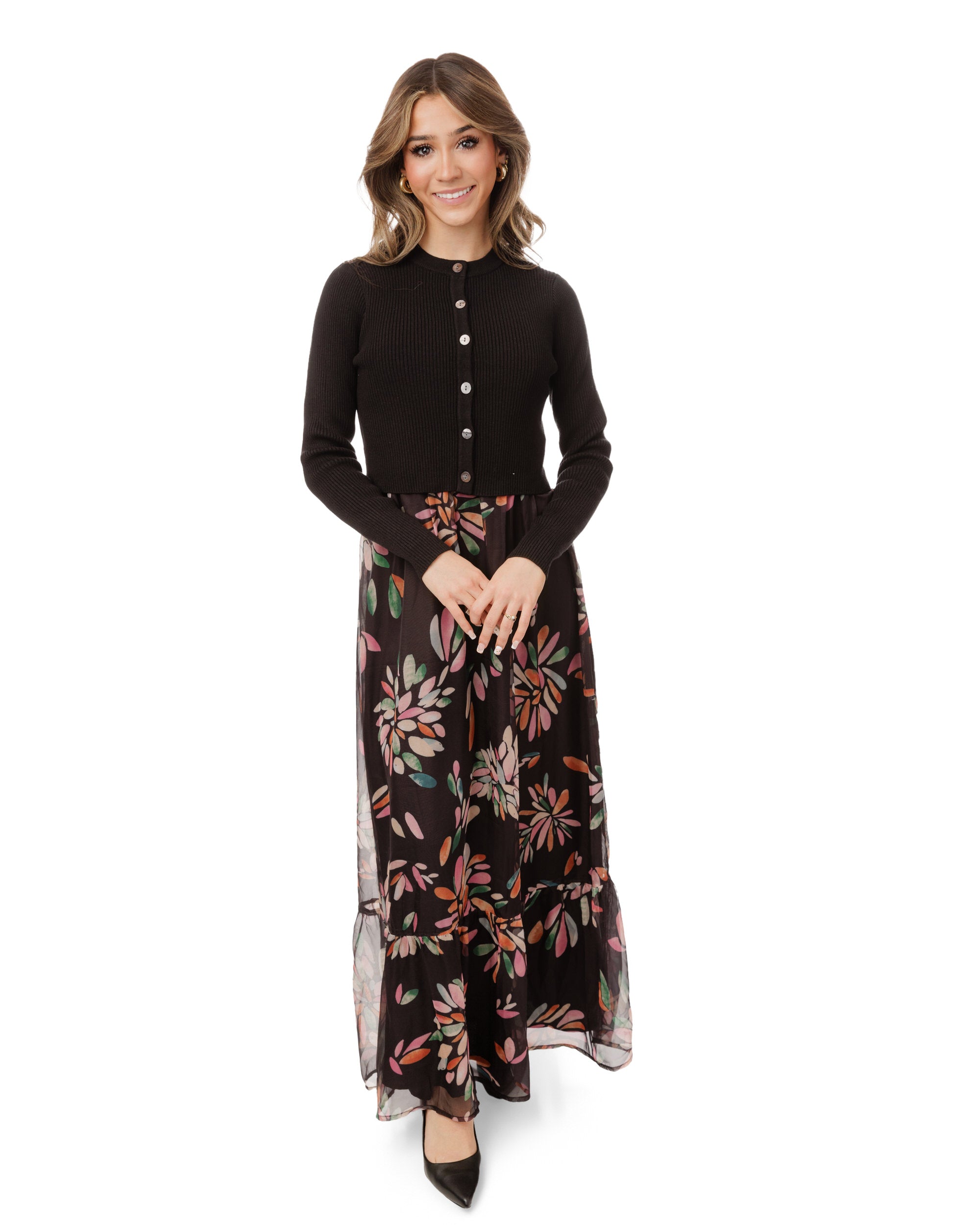 Multicolored Printed Dress With Knit Cardigan Overlay