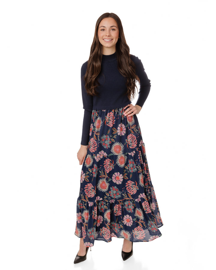 Navy Multi Patterned Mesh Dress With Attached Knit