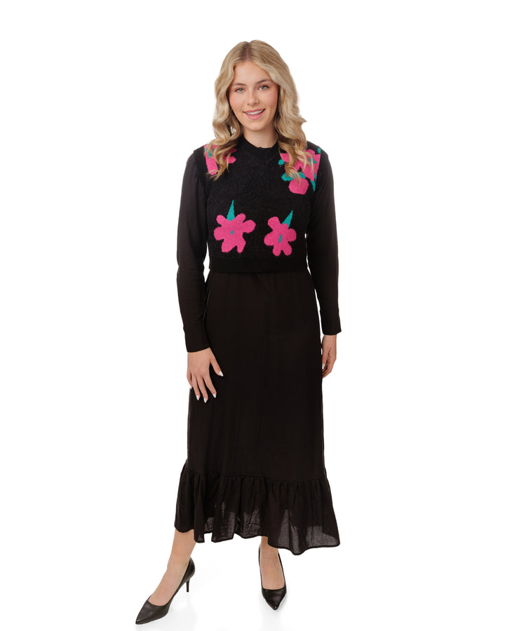 Black Dress With Pink Floral Vest Overlay