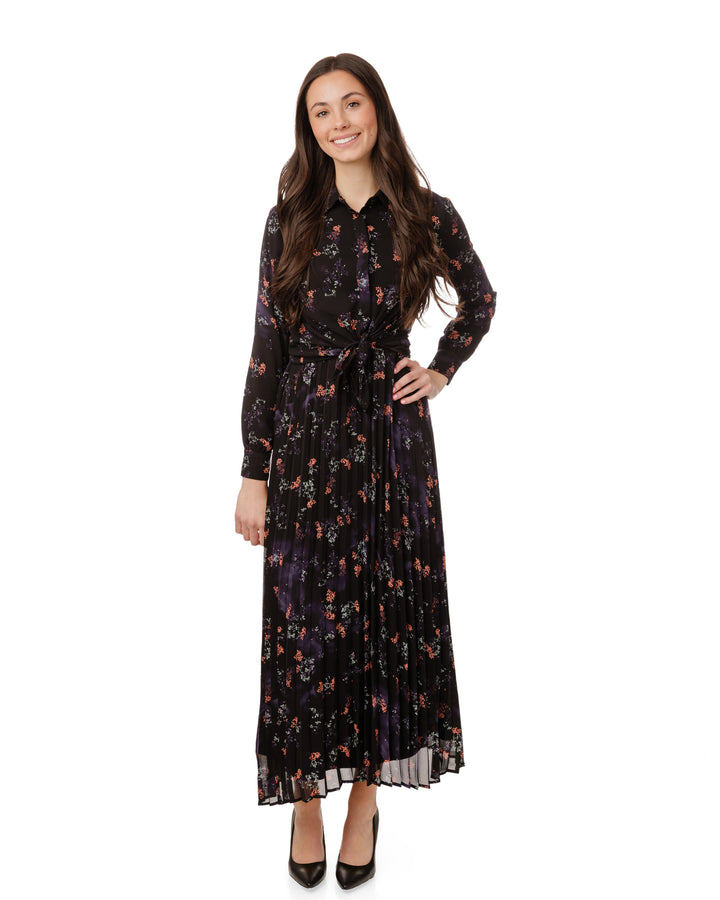 Black And Purple Pleated Jumper With Blouse Overlay