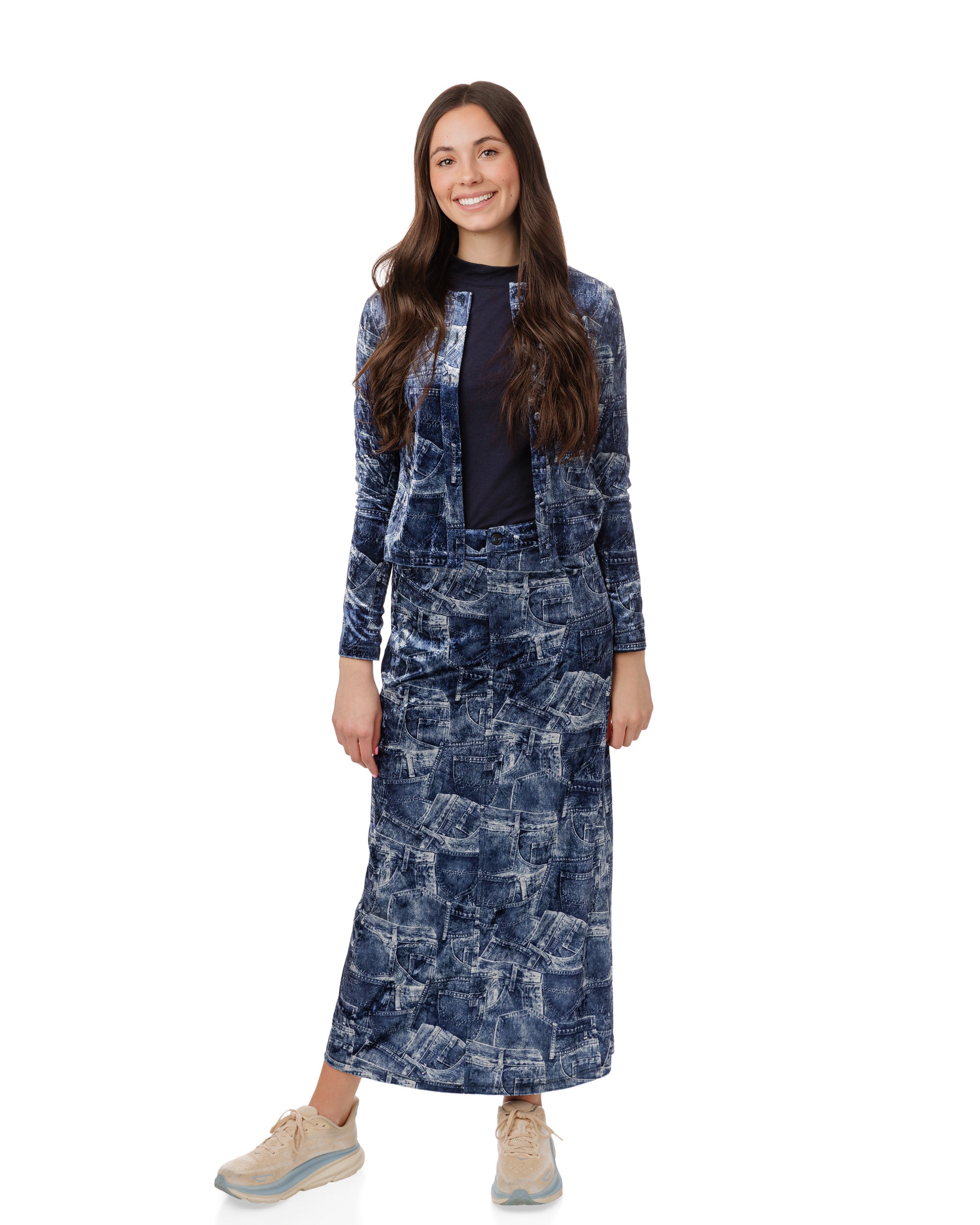 Blue Denim Patched Velvet Skirt