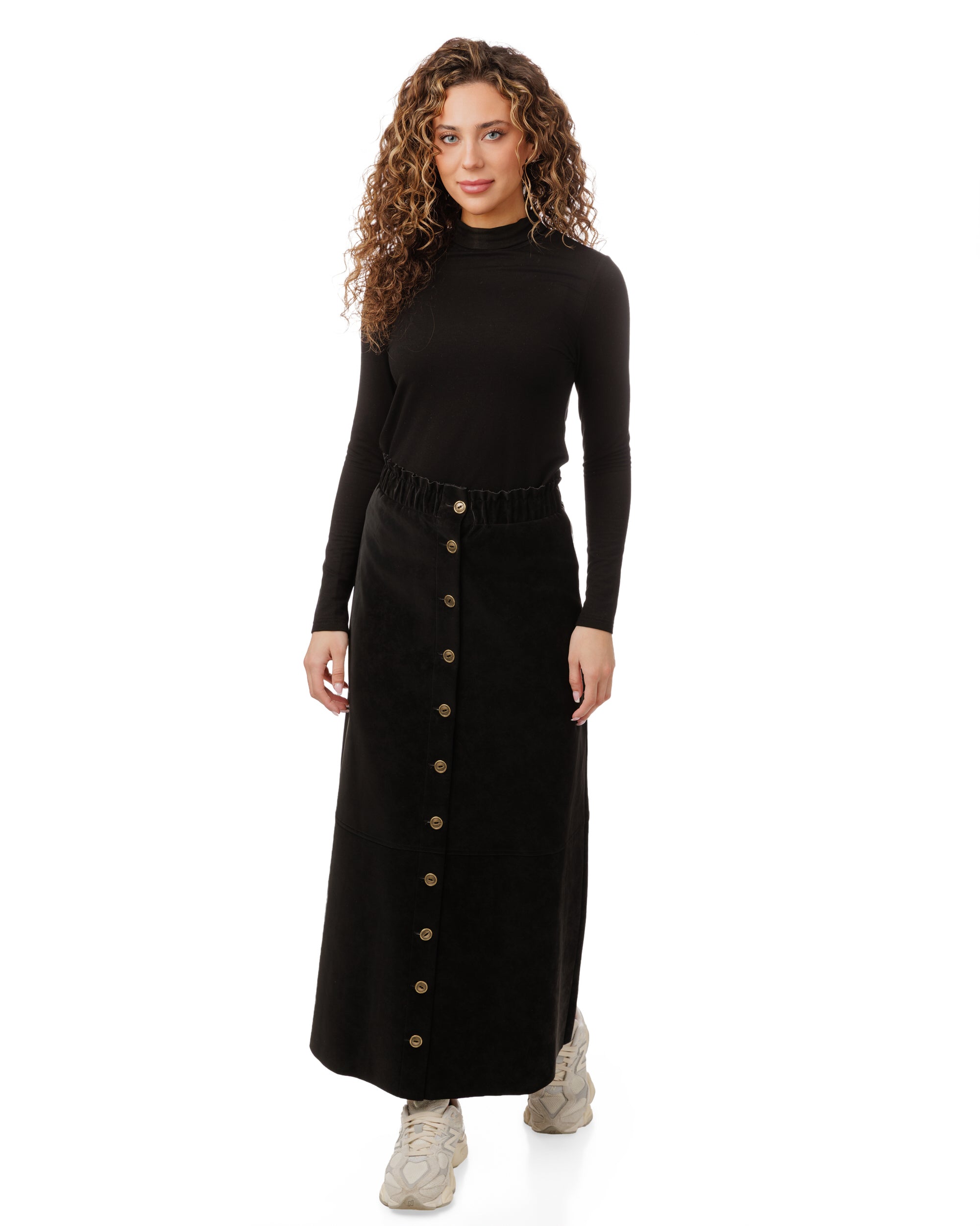 Suede Button Down Midi Skirt - Black