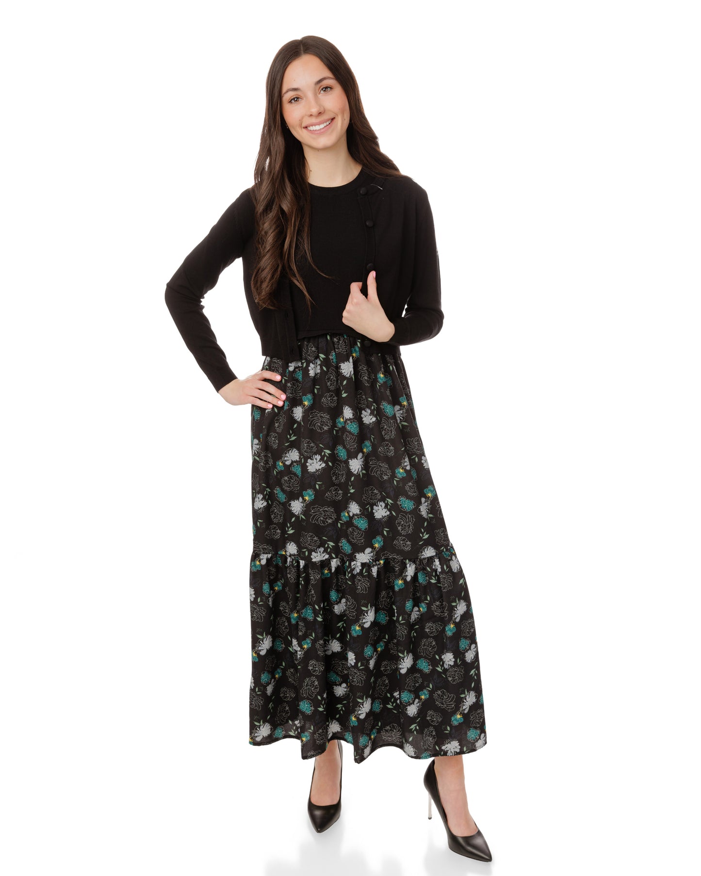 Blue And Black Floral Printed Jumper With Knit Cardigan