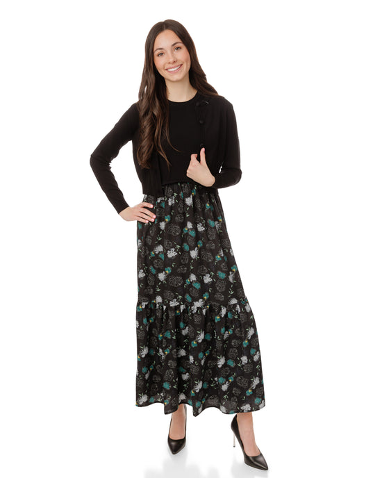 Blue And Black Floral Printed Jumper With Knit Cardigan