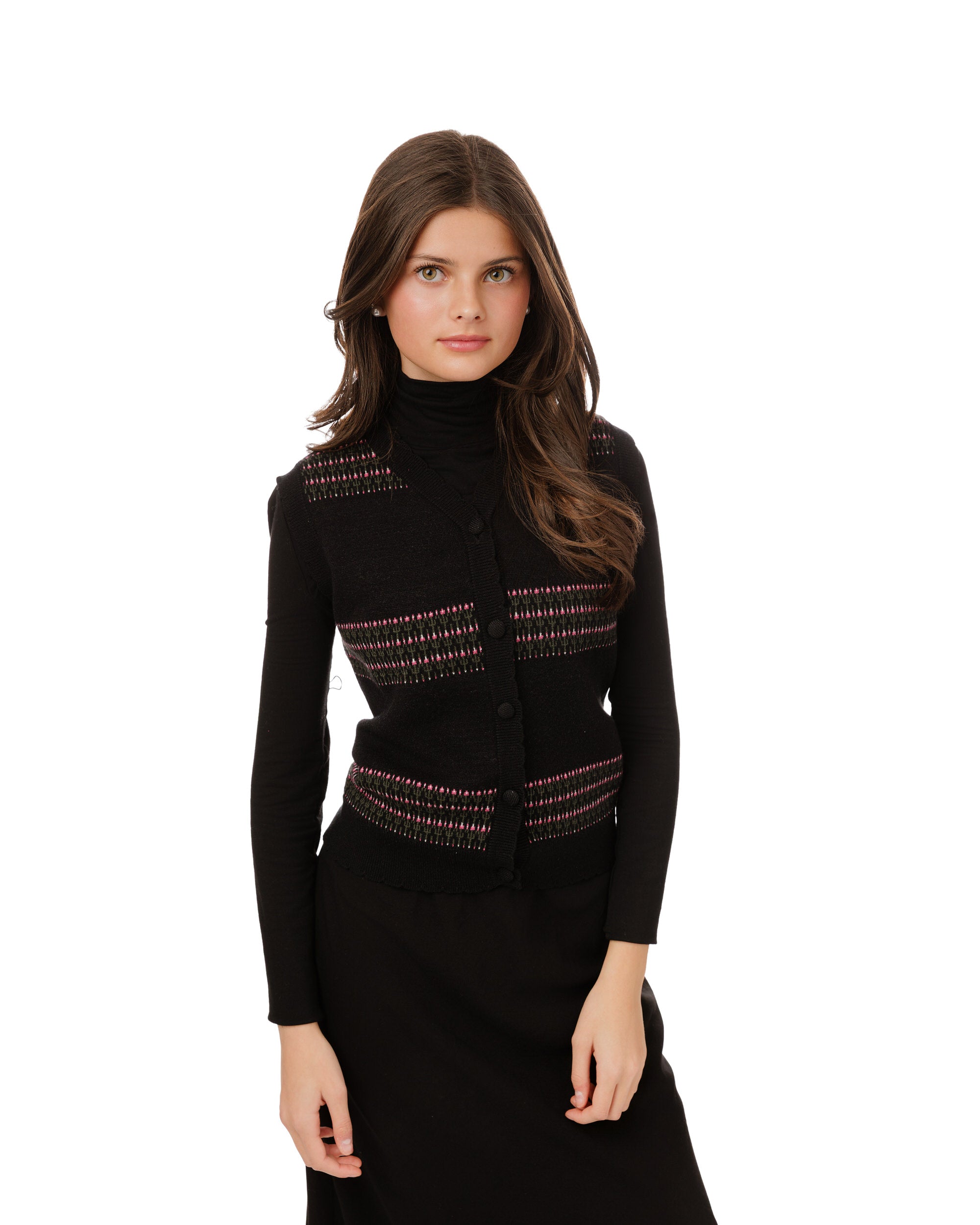 Black Knit Vest With Pink And Green Print