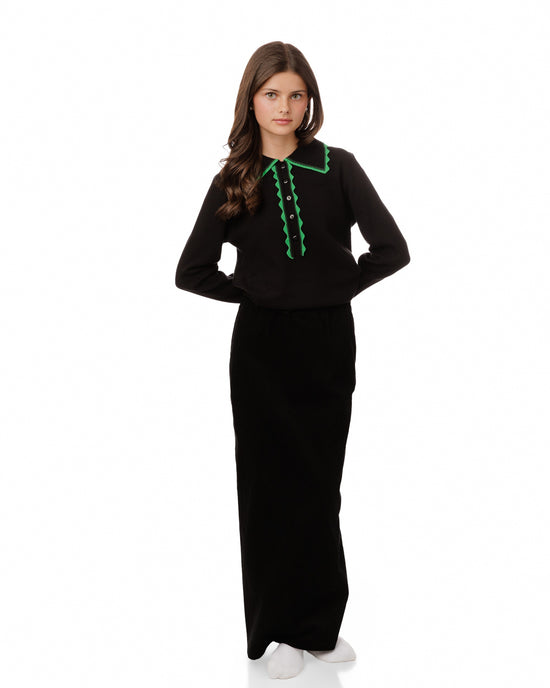 Black Knit Cardigan With Green Collar And Placket