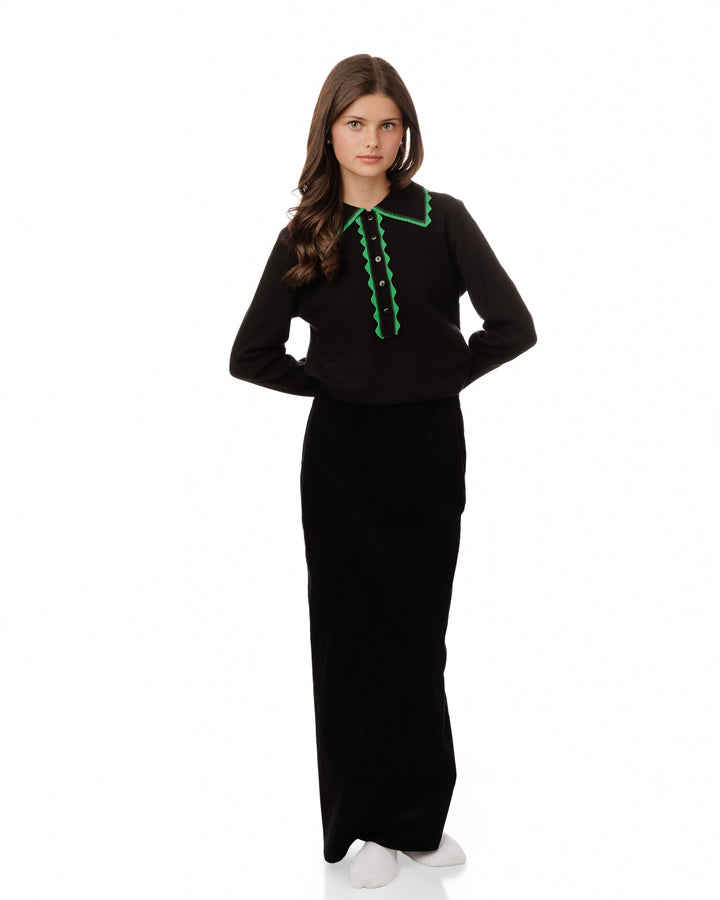 Black Knit Cardigan With Green Collar And Placket