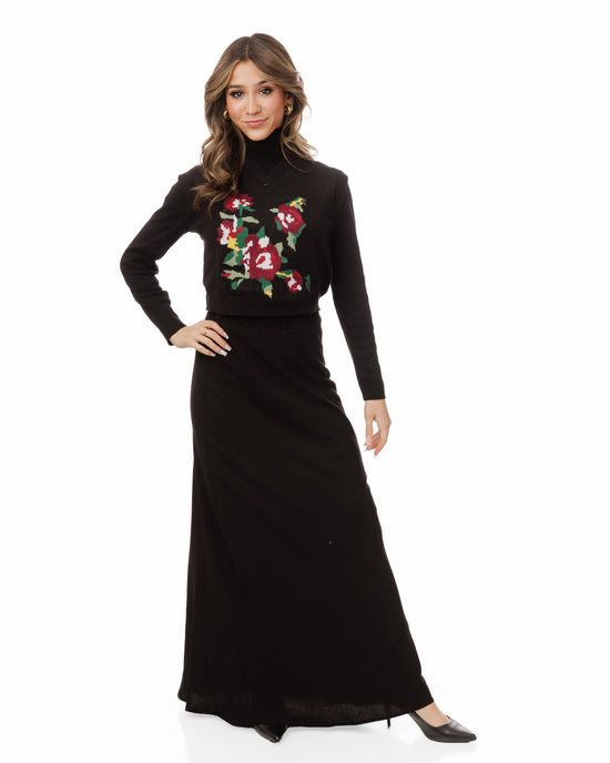 Black Knit Vest With Multicolored Floral Print