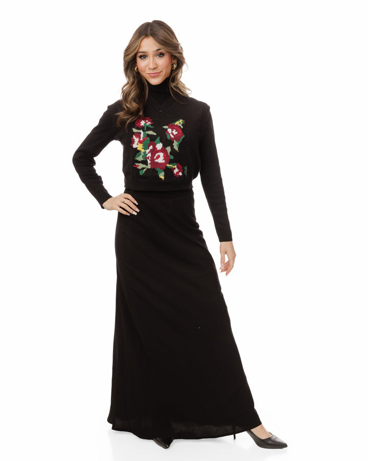Black Knit Vest With Multicolored Floral Print