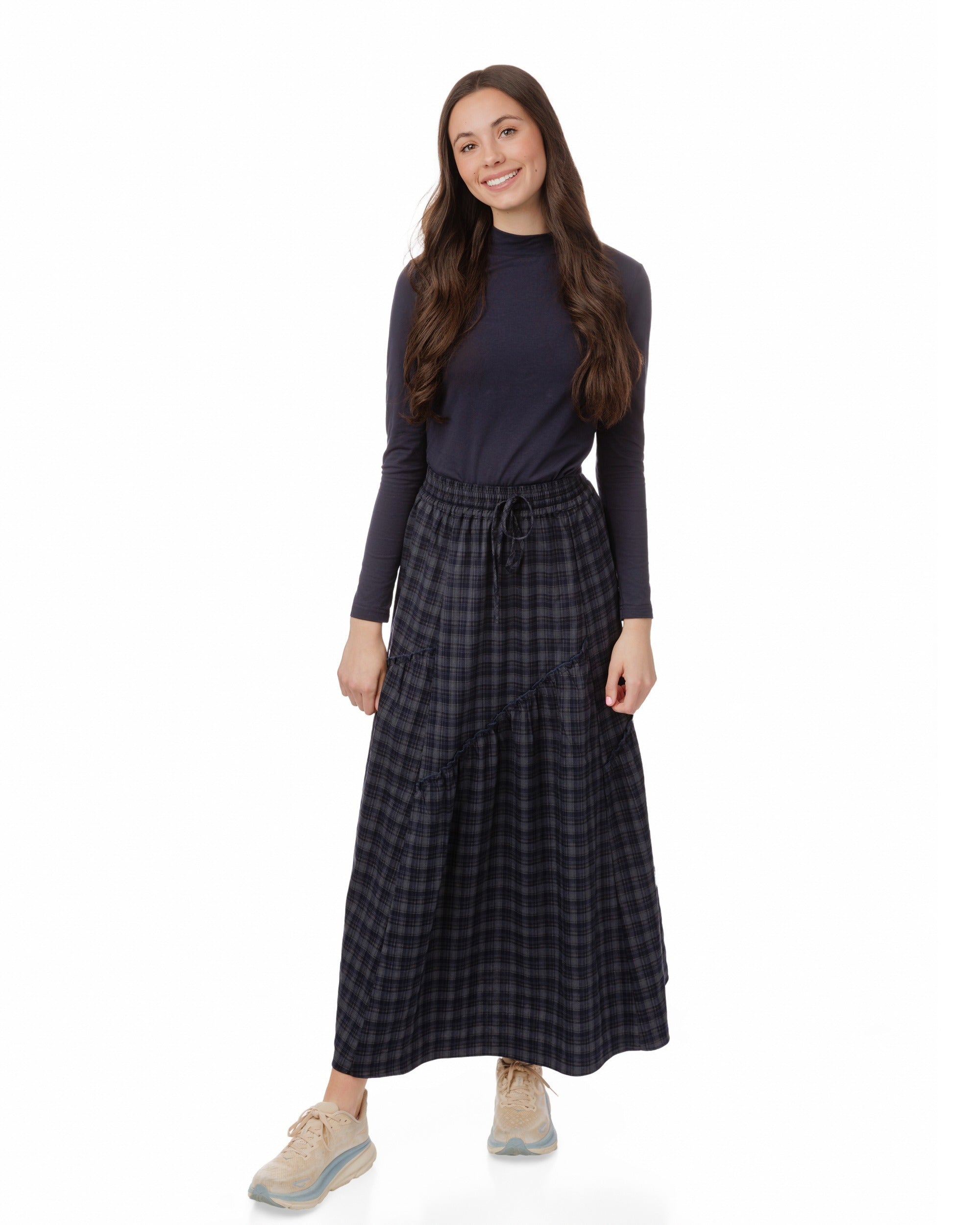 Plaid Skirt With Ruffle - Navy