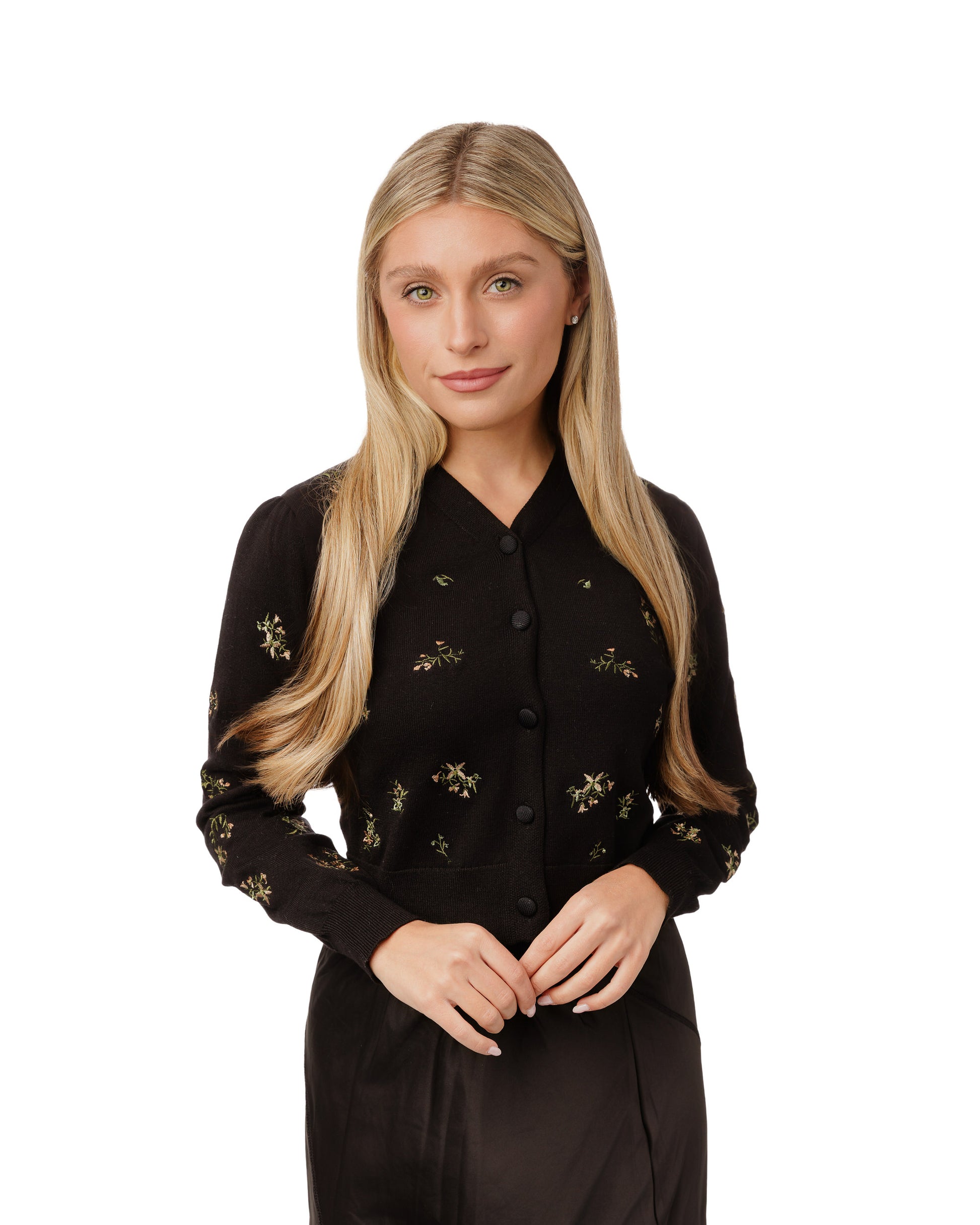 Black And Floral Embroidered Knit Cardigan