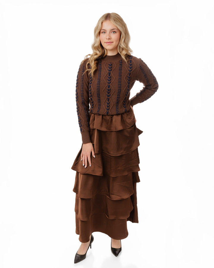 Brown Ruffle Satin Dress With Brown And Navy Knit Top