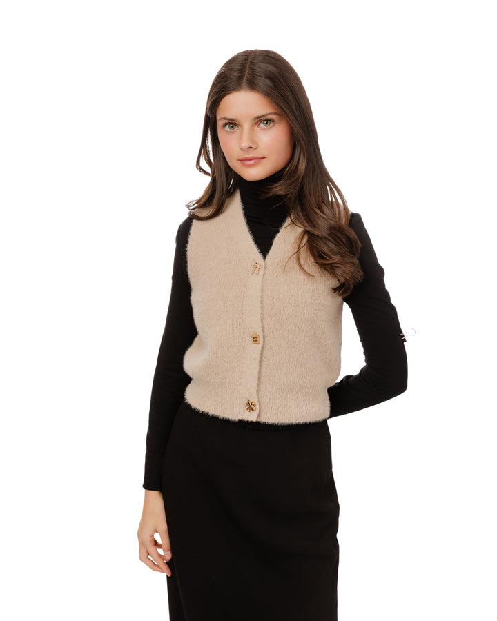 Fuzzy Knit Vest With Gold Shaped Buttons - Beige