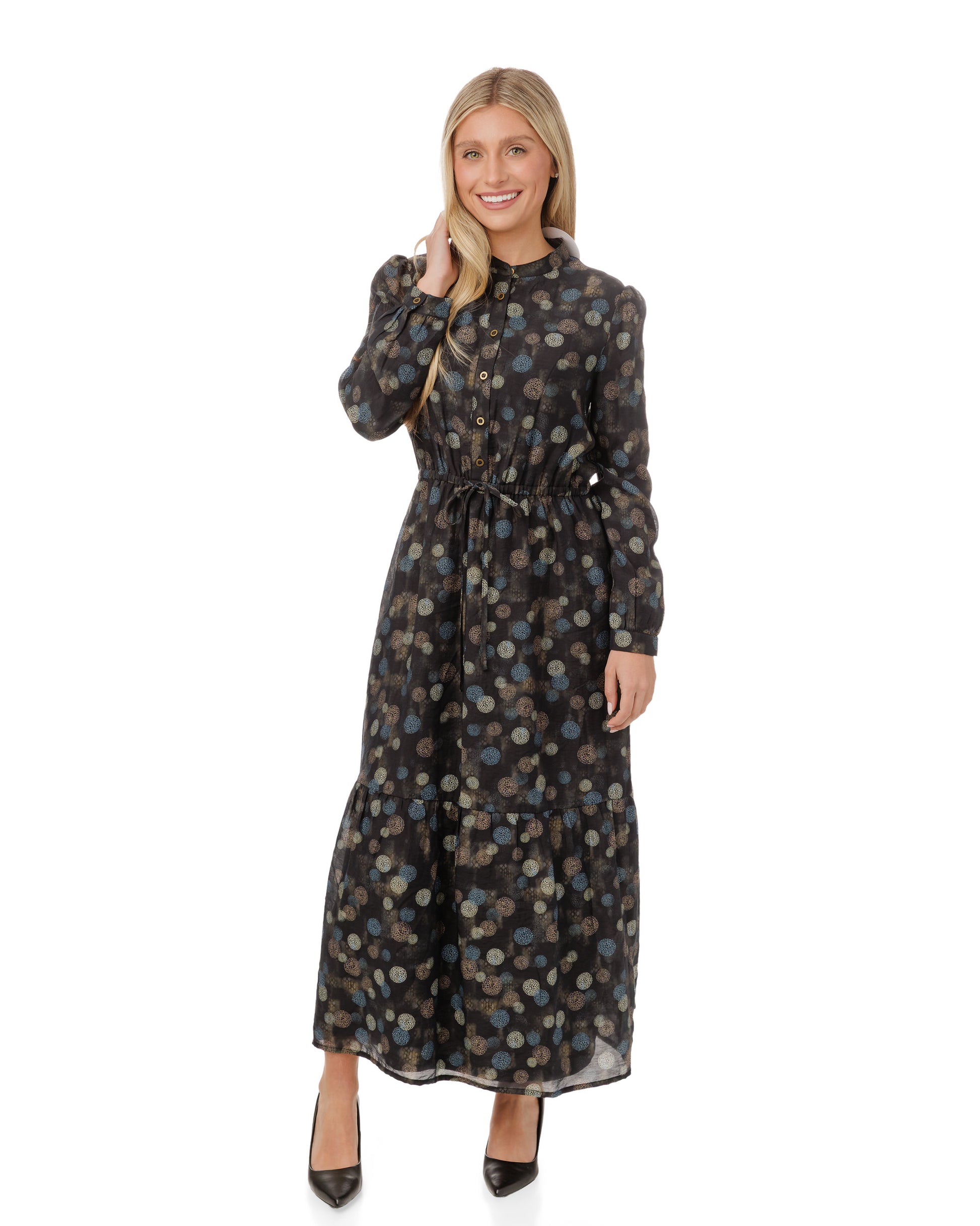 Blue Brown Multicolored Drawstring Tiered Dress
