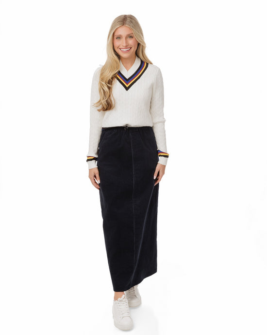 White Cable Knit Sweater With Colored Stripes