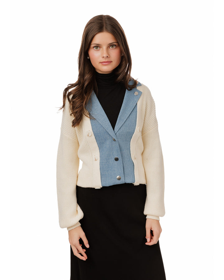 White Knit And Blue Denim Lapel Top