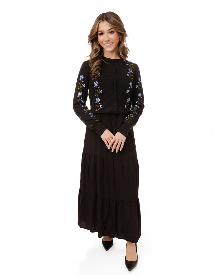 Blue Flower Embroidered Black Cardigan With Tire Underlay