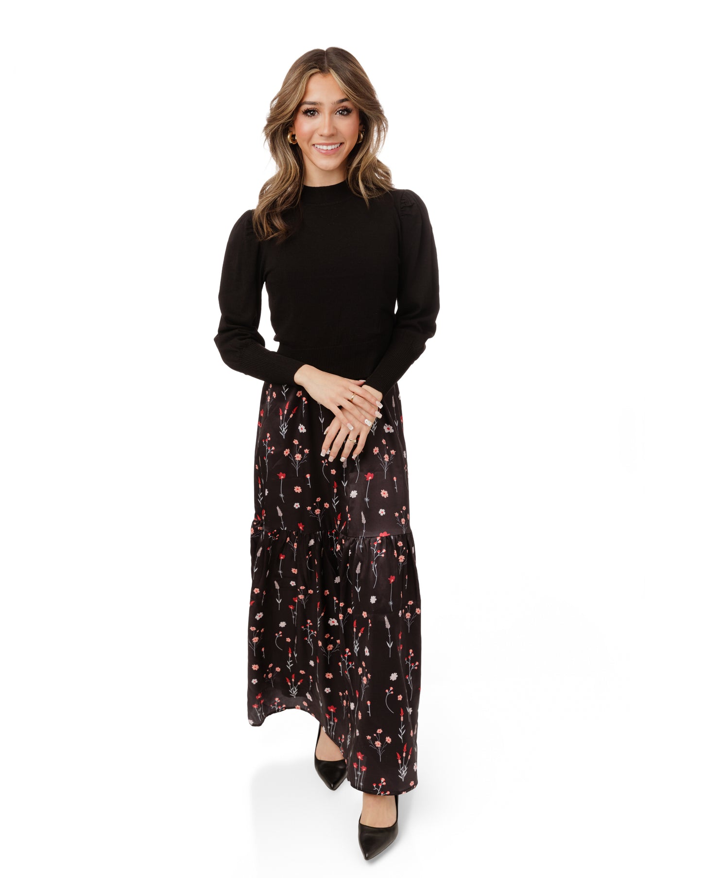 Satin Tier Floral Jumper With Black Overlay