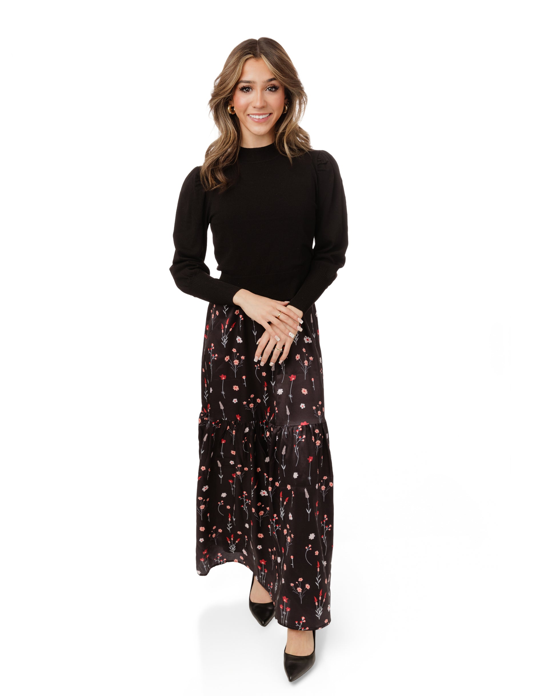 Satin Tier Floral Jumper With Black Overlay