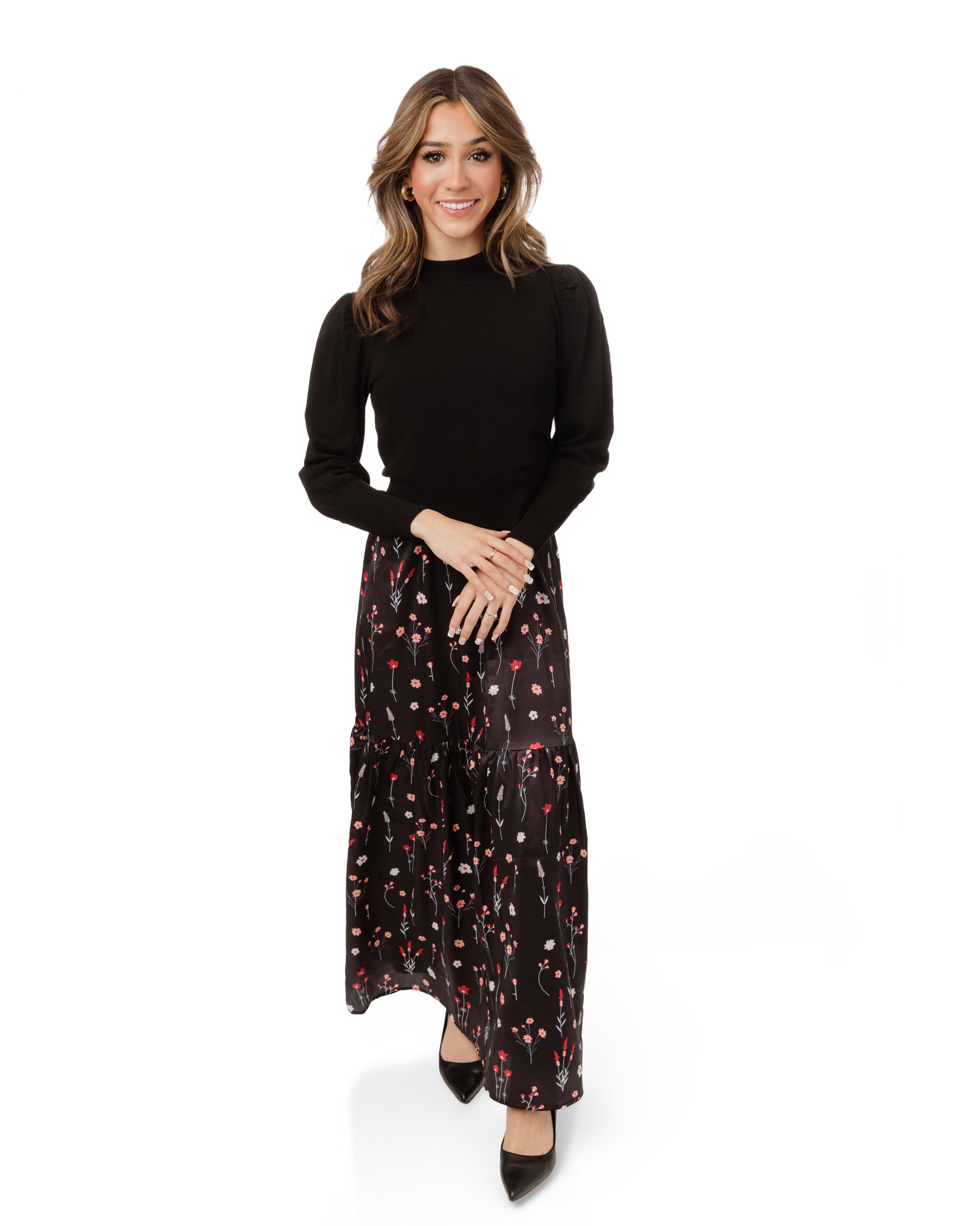 Satin Tier Floral Jumper With Black Overlay
